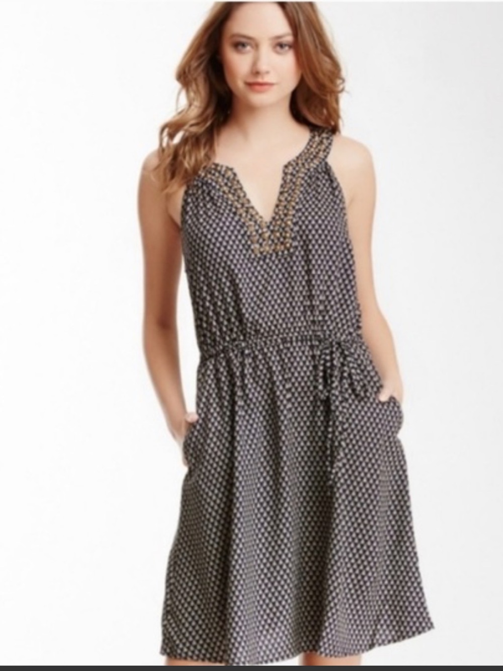 NEW Lucky Brand Navy Floral Geo Beaded Dress Pockets Rhinestone Sleeveless Small